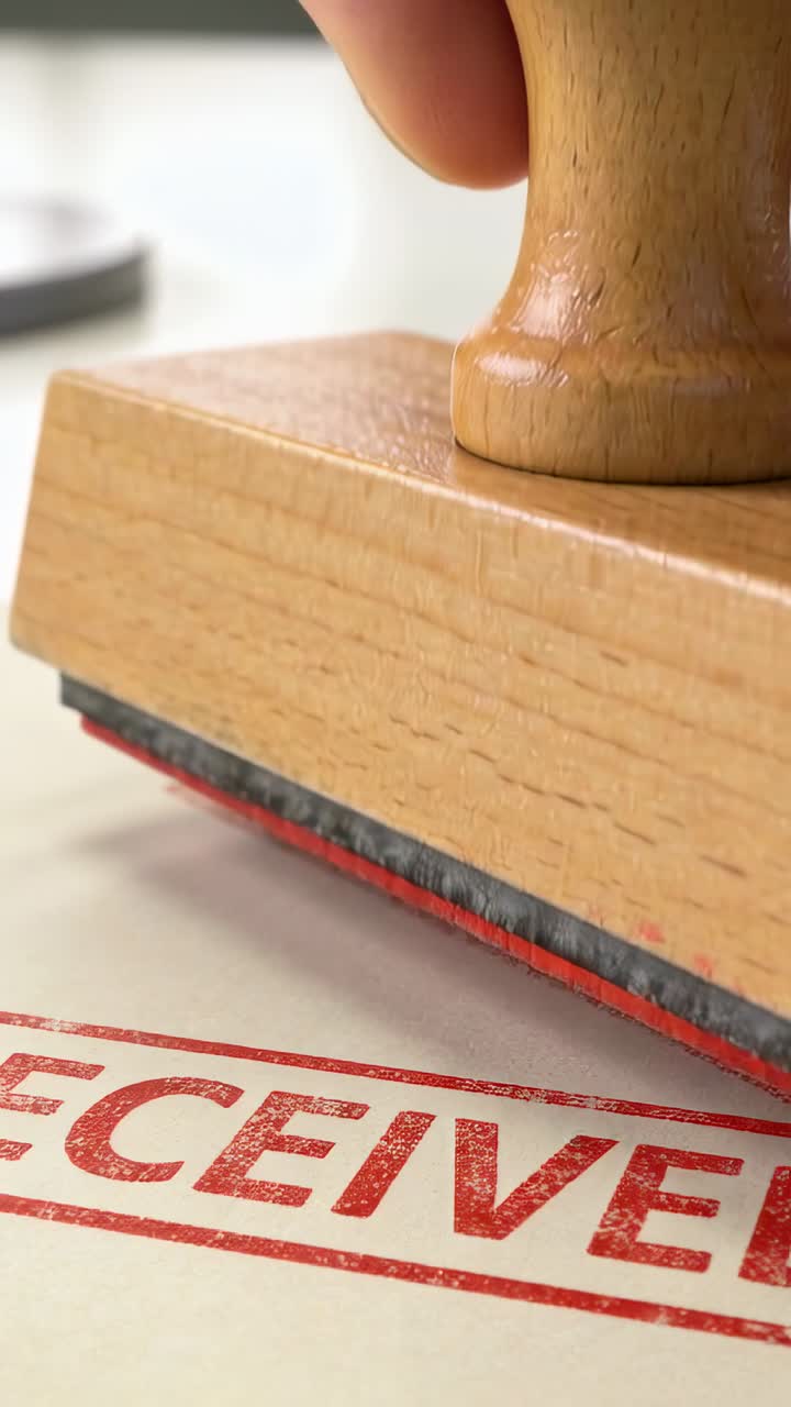 Video verticale: Pollice che afferra il timbro, mano destra che preme la carta sulla scrivania, formando il marchio RICEVUTO.