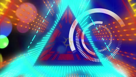 Animation-of-hud-with-abstract-colorful-triangle-with-light-beams,-bokeh-effect-on-digital-interface