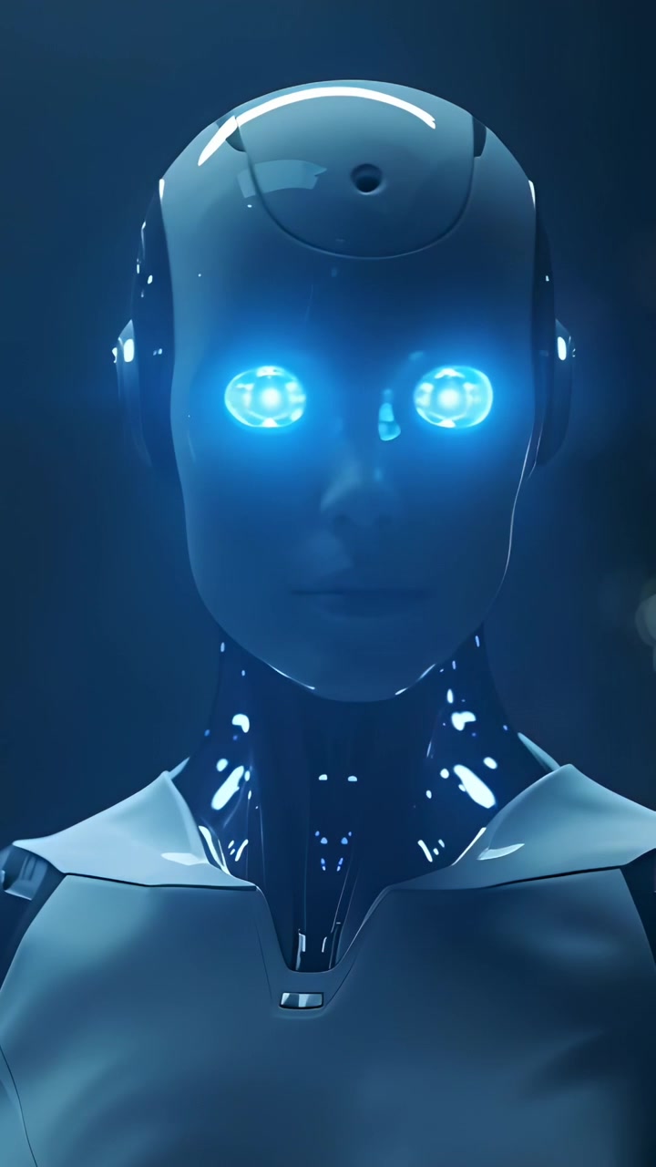 Video verticale: Android con casco bianco che si attiva, attivando raggi oculari blu e scansionando in studio.