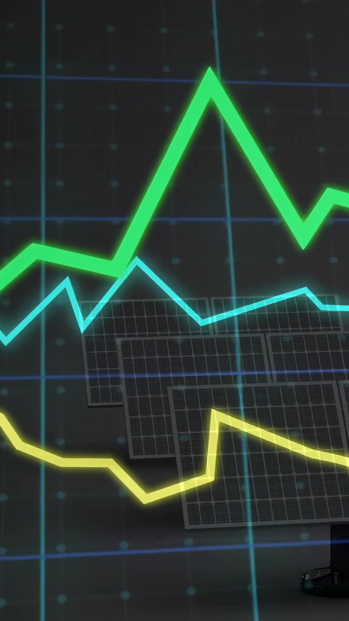 Video verticale: Flusso di dati che avvia linee di tendenza che si muovono su una griglia con pannelli solari che monitorano la produzione.