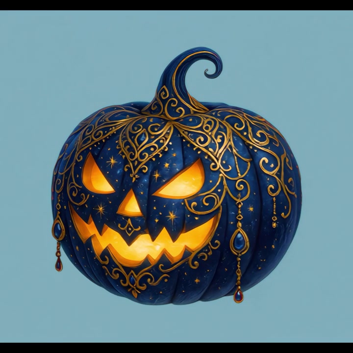Obrotowa niebieska ozdobna dynia halloweenowa ze złotym filigranem