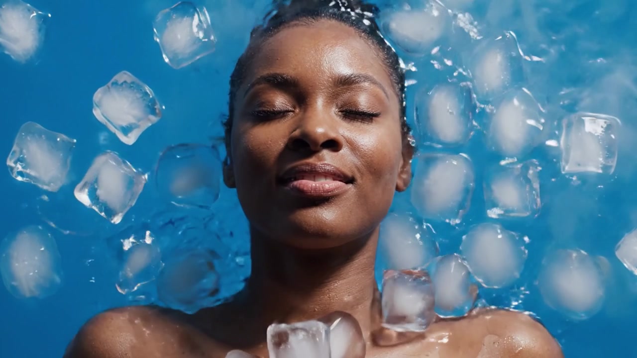 Un momento tranquillo sott'acqua: una giovane donna che si rilassa con cubetti di ghiaccio in un sereno ambiente blu, catturando l'essenza della freschezza e della calma rinfrescante.