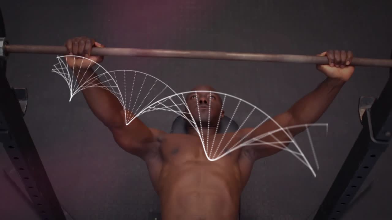 Mid adult man lowering bench press bar and generating animated particle wave for fitness tracking