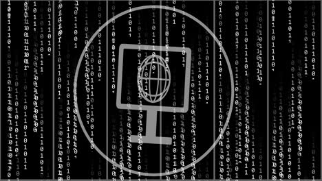 Computer monitor with globe icon animation over binary code background