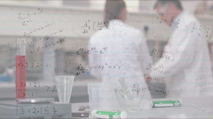 Animation af matematiske ligninger over mangfoldige mandlige og kvindelige forskere, der arbejder på et laboratorium