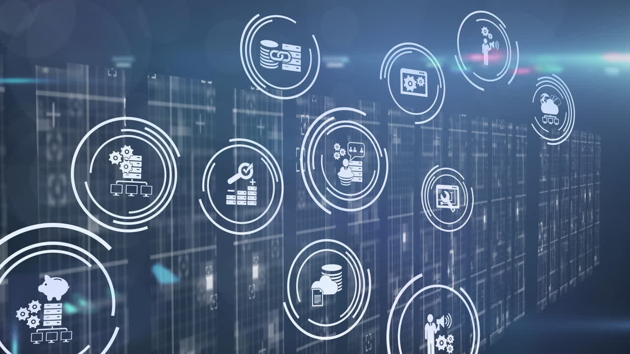 Multiple digital icons over light trails and light spots against blue background