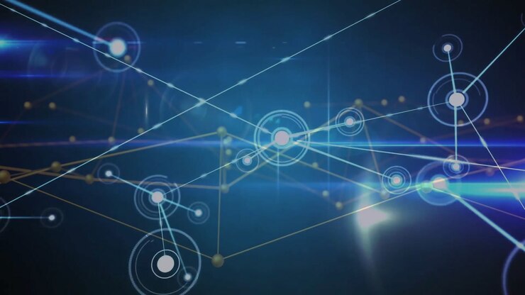 Central node arising lines linking nodes, lattice flickering pulsing rings animating network growth
