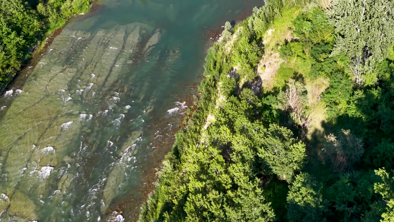 High angle drone shot captures a clear river flowing past dense green forest in Italy.