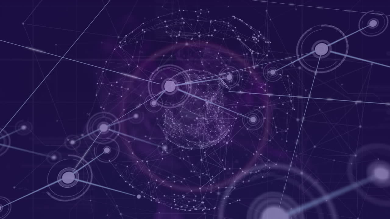 Animation of network of connections over spinning globe against blue background