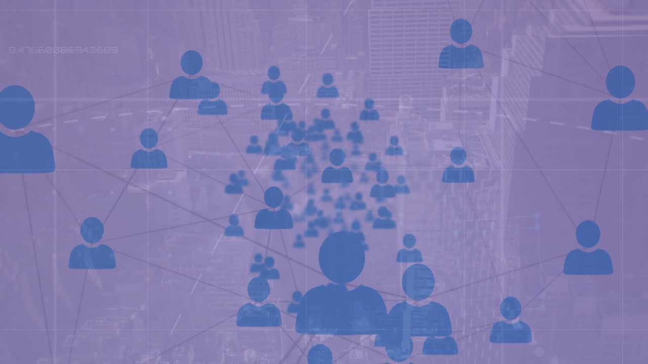Animation of networks of connections with people icons over cityscape