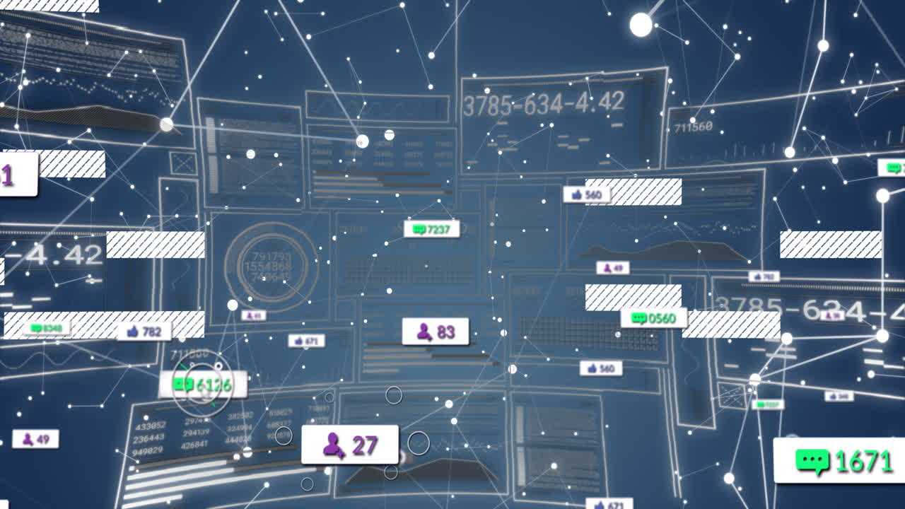 Data processing animation over digital interface with network connections displayed