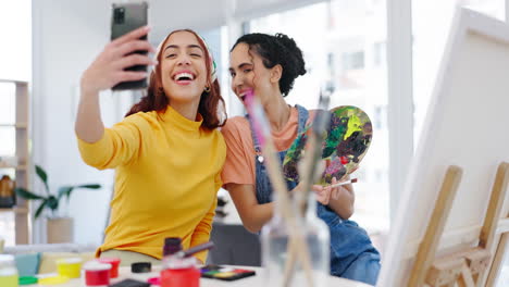 Painter-women,-selfie-and-art-studio-with-canvas