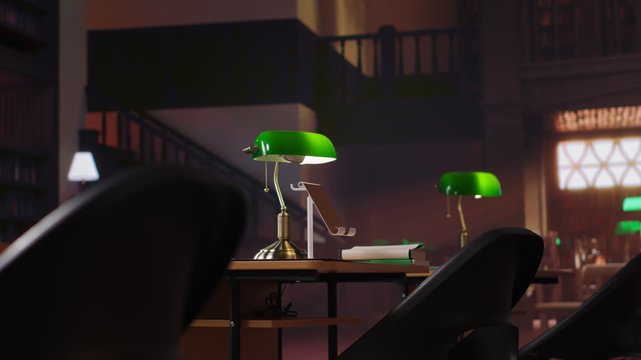 interior de la biblioteca con lámparas verdes