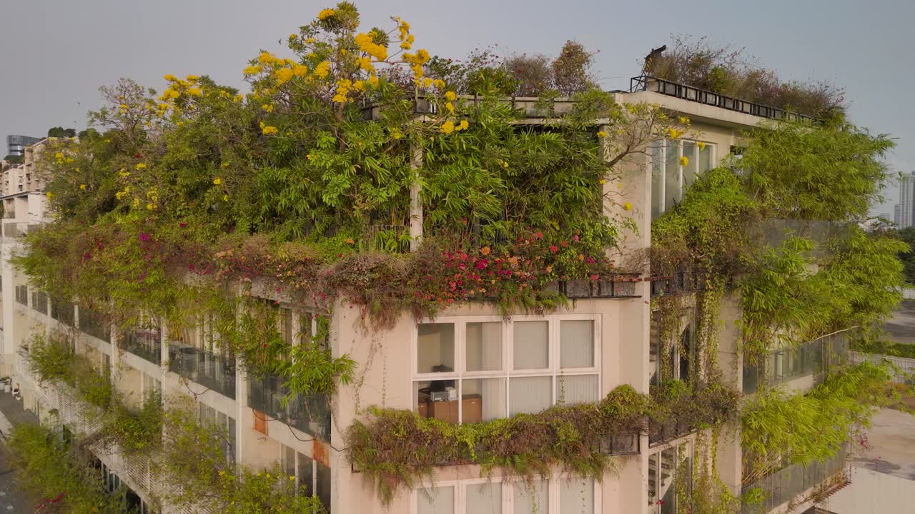 Apartamento de luxo moderno coberto por vegetação à luz solar do início da manhã. A câmera orbita o edifício transbordando de vegetação abundante. O edifício está sendo tomado por plantas.