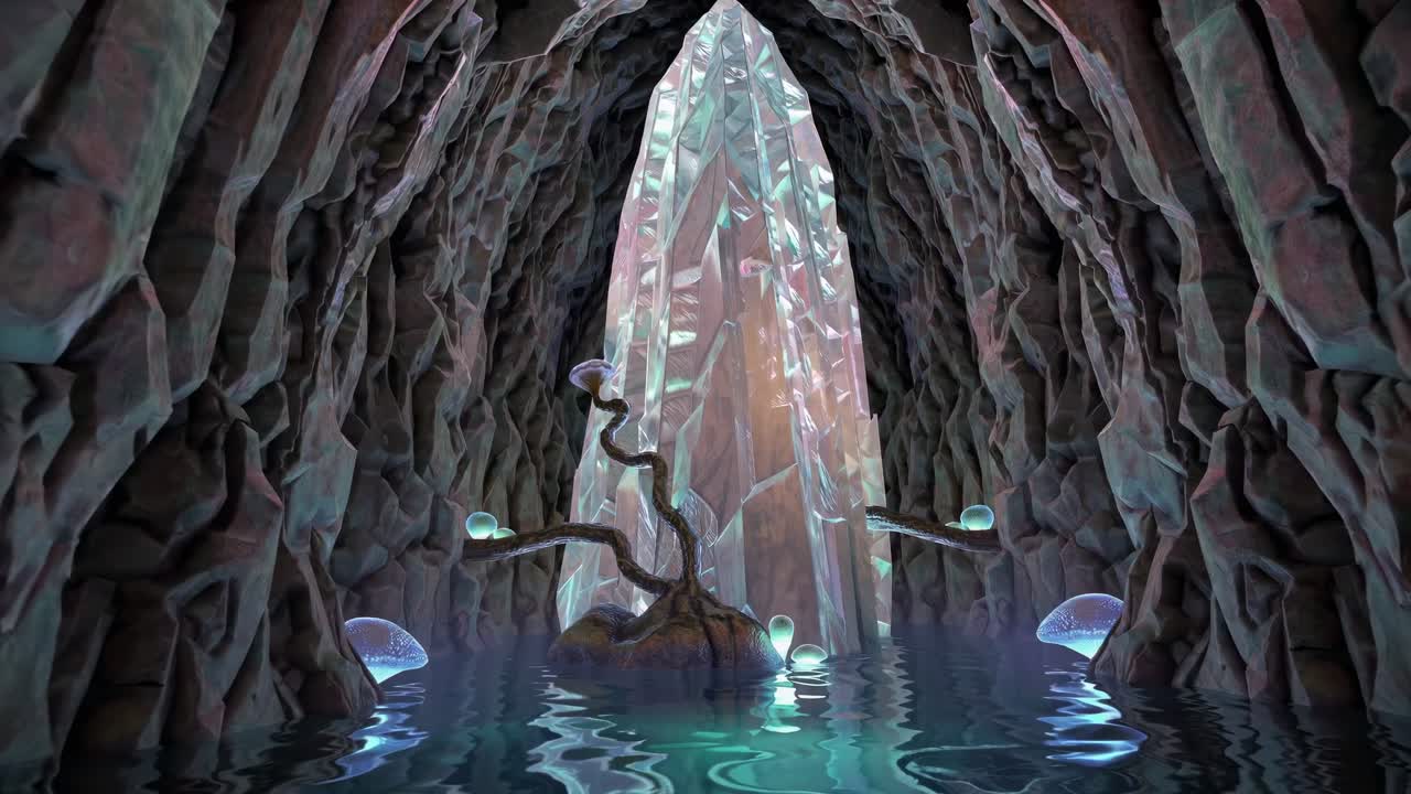 Fantasy Cave with Crystals and Glowing Plants