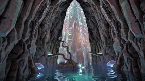 fantasy cave with crystals and glowing plants