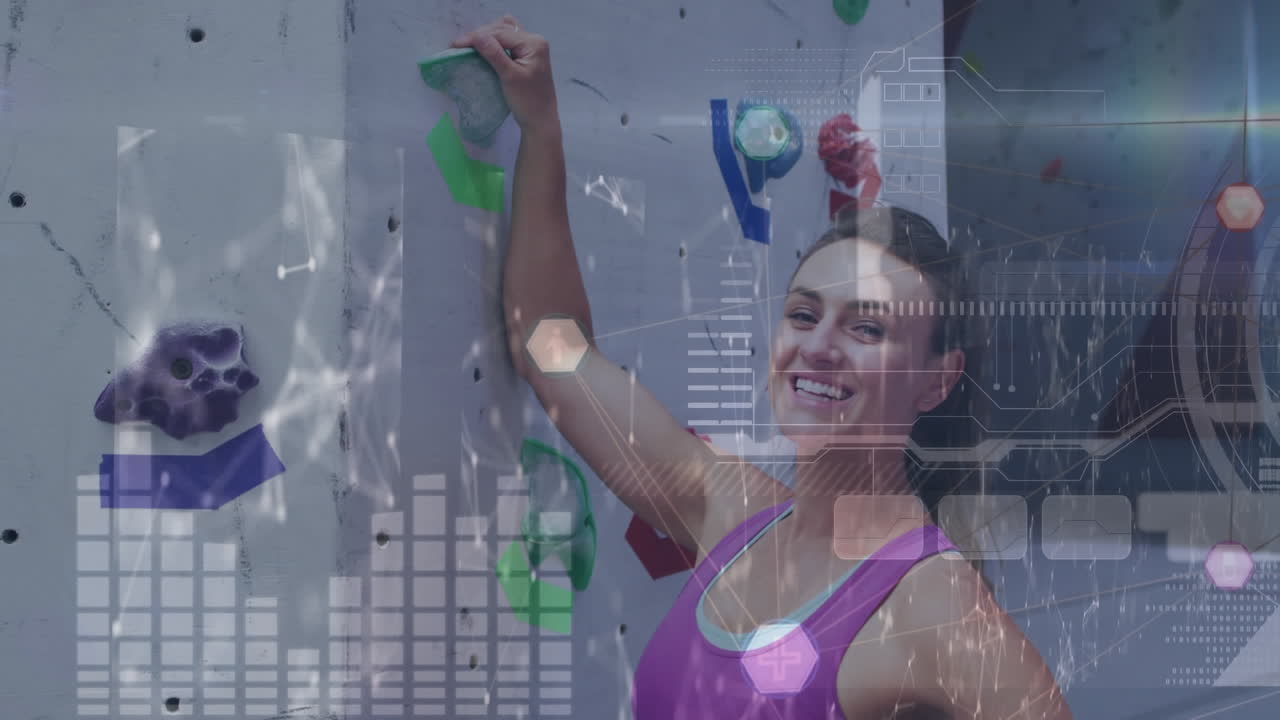 animación de procesamiento de datos sobre la pared de escalada de la mujer caucásica