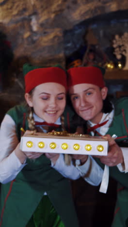 joyful elves with magic book in decorated room at christmas. two elves in green costumes holding beautiful box and blowing out sparkles from top. vertical video