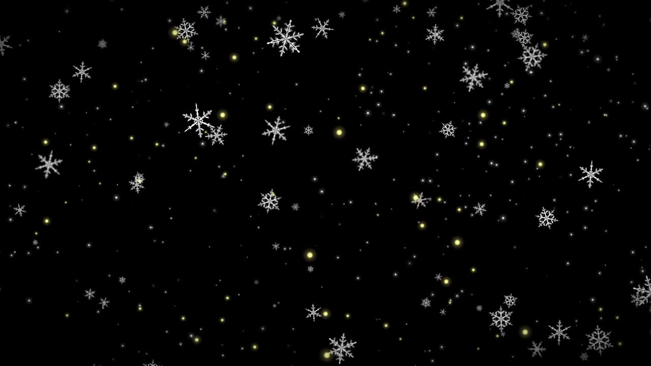 White snowflakes, golden confetti and bokeh lights on the black Christmas background. 3D render image with alpha channel