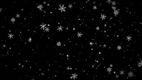 white snowflakes, golden confetti and bokeh lights on the black christmas background. 3d render image with alpha channel