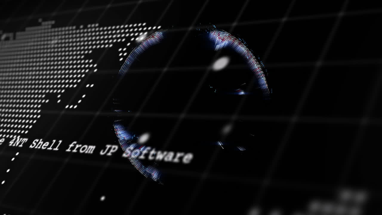 Digital globe and text animation over grid background with glowing dots