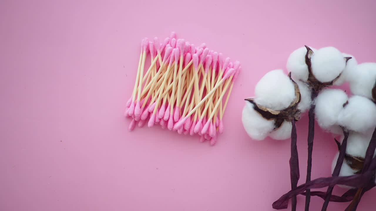 Bastoncini di cotone rosa e fiori di cotone su sfondo rosa