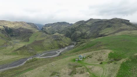 aerial view of a remote cabin in an icelandic valley