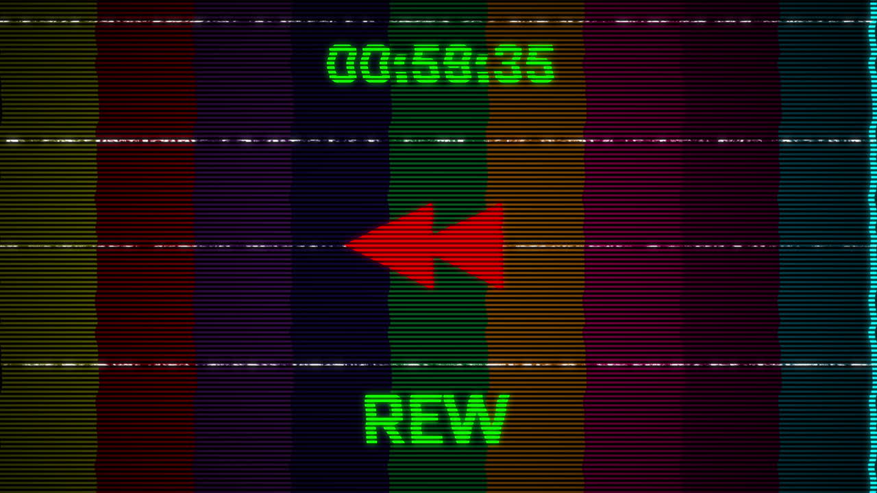 Schermo retrò con effetto riavvolgimento, barre colorate e timer per il conto alla rovescia