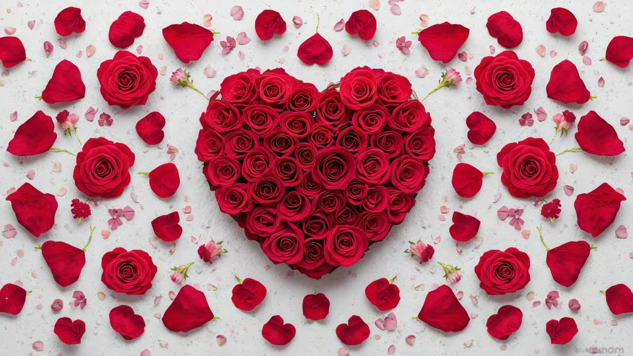 Zoom della camera che si avvicina a un tavolo bianco текстуrate, mostrando un cuore di rosa rossa, petali e confetti rosa