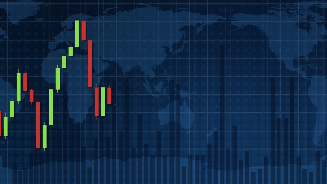 Candlestick chart animation illustrating market fluctuations over a world map backdrop, highlighting financial trends and economic dynamics
