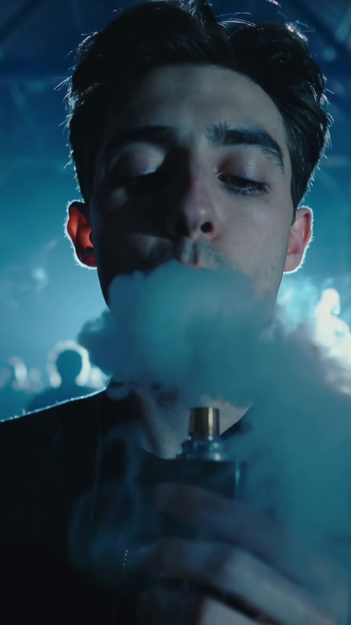 Vertical video: Raising man bringing box-mod to lips at club, exhaling dense vapor clouds for crowd