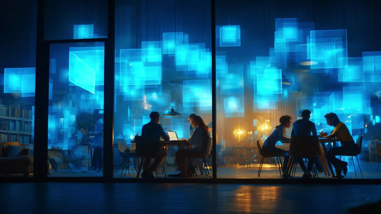 A collaborative workspace illuminated by vibrant digital screens, showcasing a diverse group engaged in discussions, enhancing creativity and productivity in a modern environment