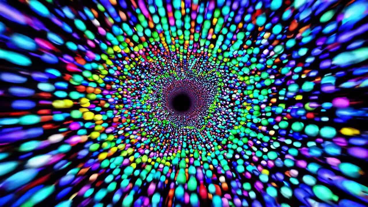 Colorful bokeh lights swirling around a dark center create a vibrant and dynamic tunnel effect, perfect for abstract backgrounds and motion graphics