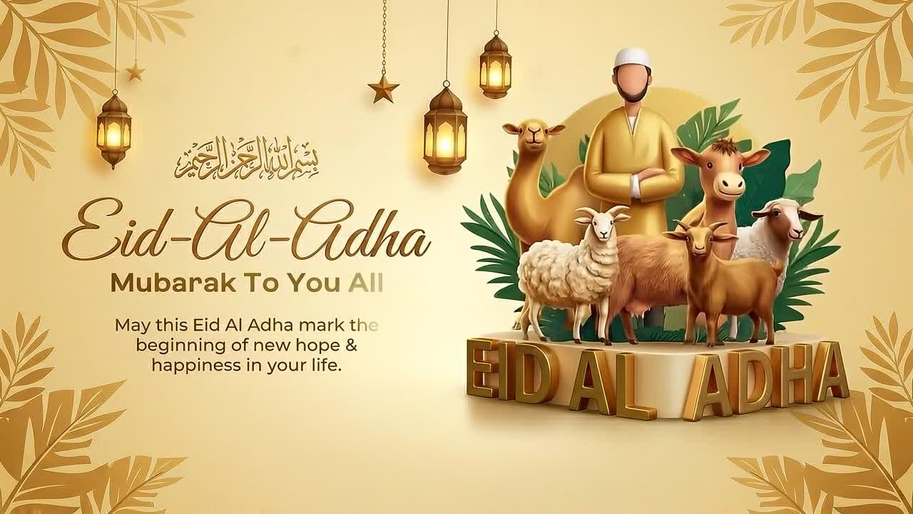 Composizione animata per banner di auguri Eid al-Adha con animali da allevamento, lanterne e scena di decorazioni festive islamiche tradizionali su sfondo decorativo