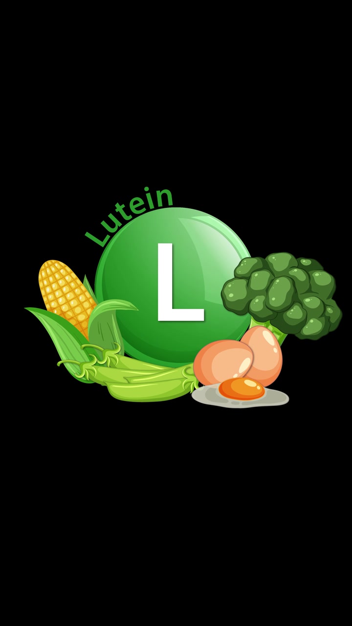 Un'icona di un integratore di luteina verde si anima, gradualmente circondata da mais, broccoli, verdure a foglia verde e uova, su uno sfondo nero pulito.