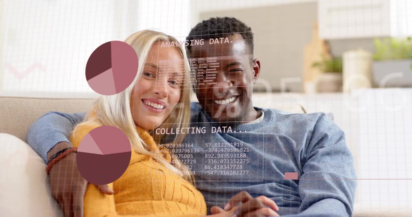 Woman tapping tablet while man leaning watching technology overlays and charts analyzing data
