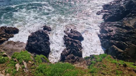 overhead view of waves breaking against jagged rocks on brittany's coast. green cliffside vegetation visible