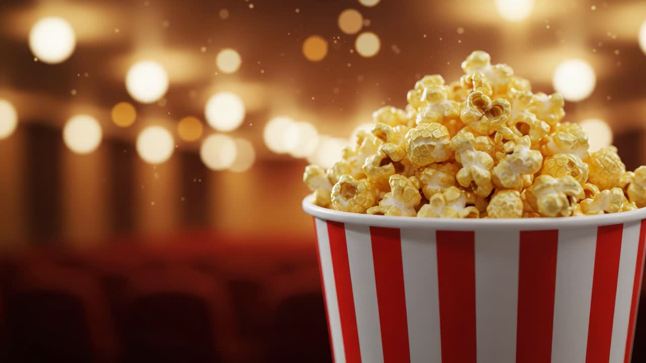 A Close-Up View of Freshly Popped Movie Theater Popcorn in a Classic Red and White Striped Container, Perfectly Positioned for an Enjoyable Cinematic Experience