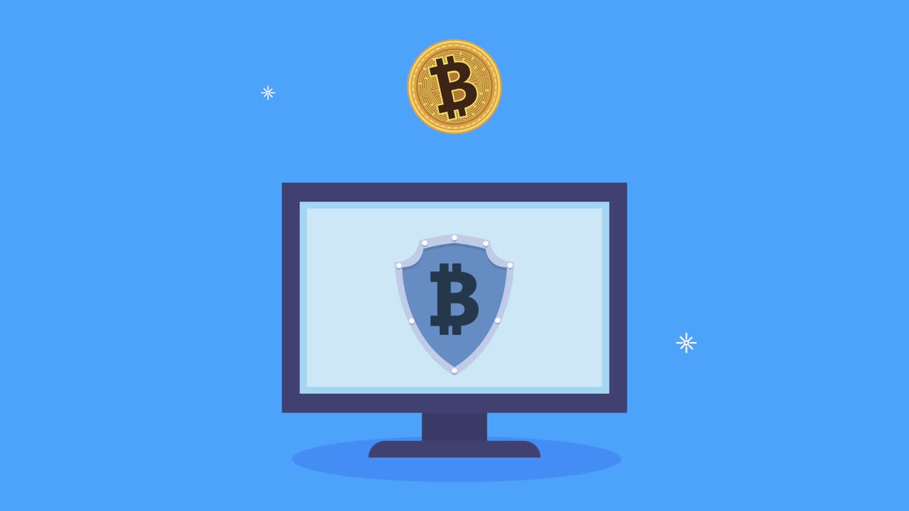 bitcoins in desktop with shield animation