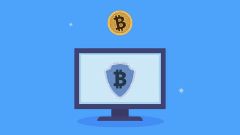 bitcoins en el escritorio con animación de escudo