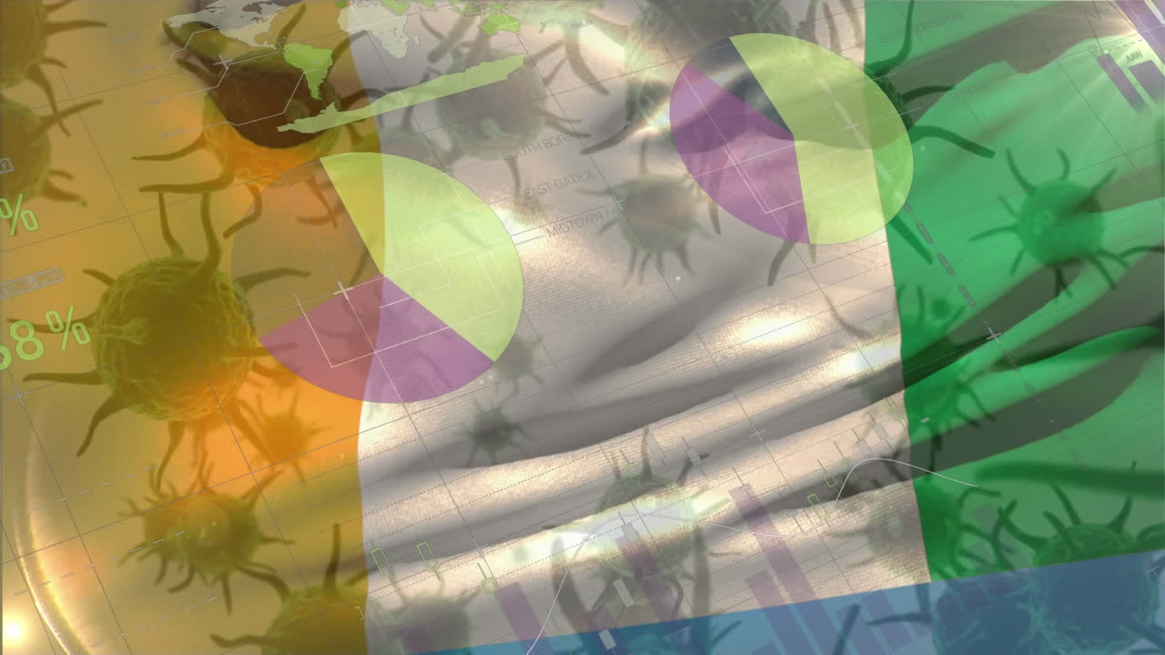 맥로 코로나 바이러스가 퍼지고 아일랜드  ⁇ 발이 배경에 떠다니고 있습니다.