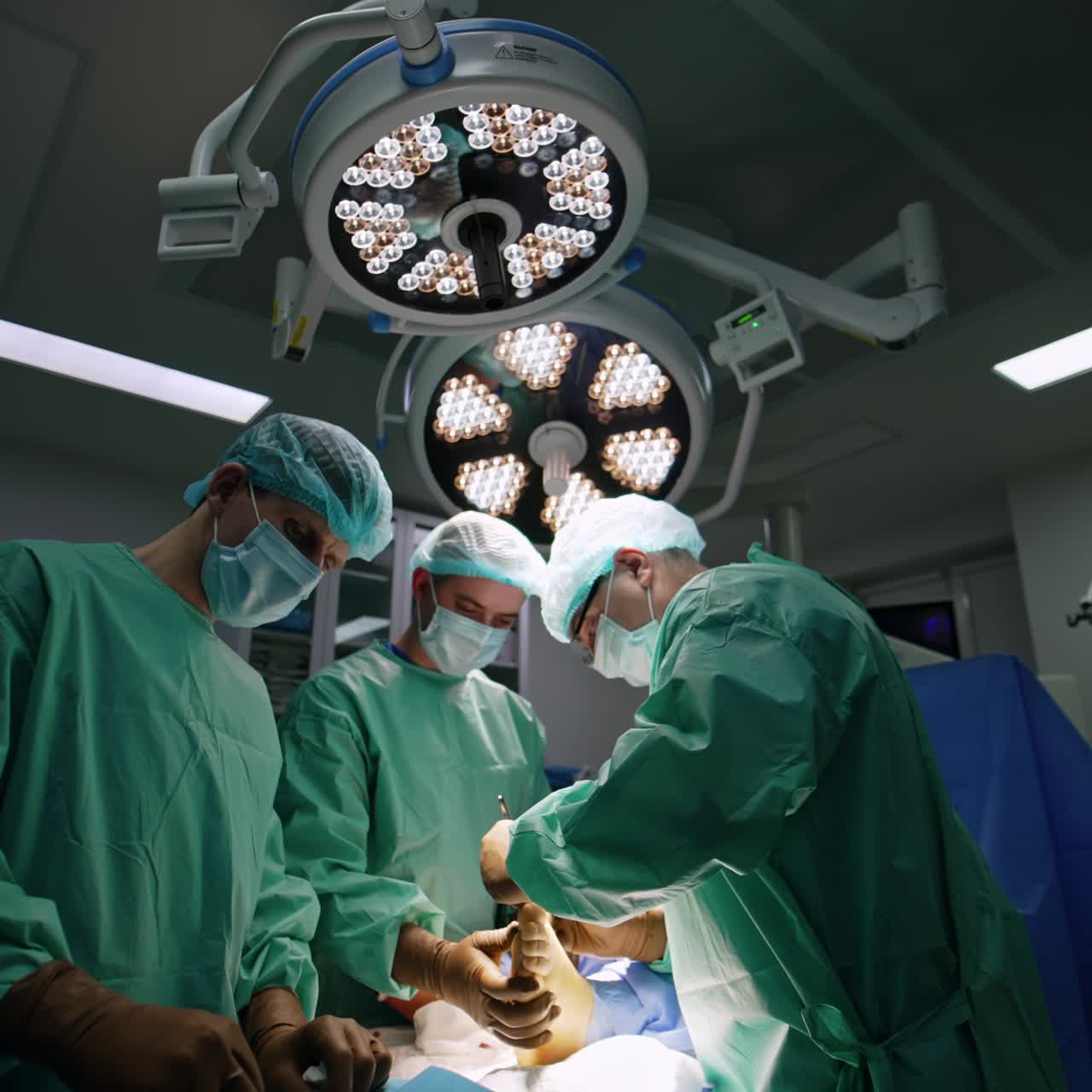 Un assistente medico di sesso maschile tiene il piede di un paziente aiutando il chirurgo principale. Un chirurgo maturo con gli occhiali utilizza strumenti in metallo. Un infermiere prepara gli strumenti