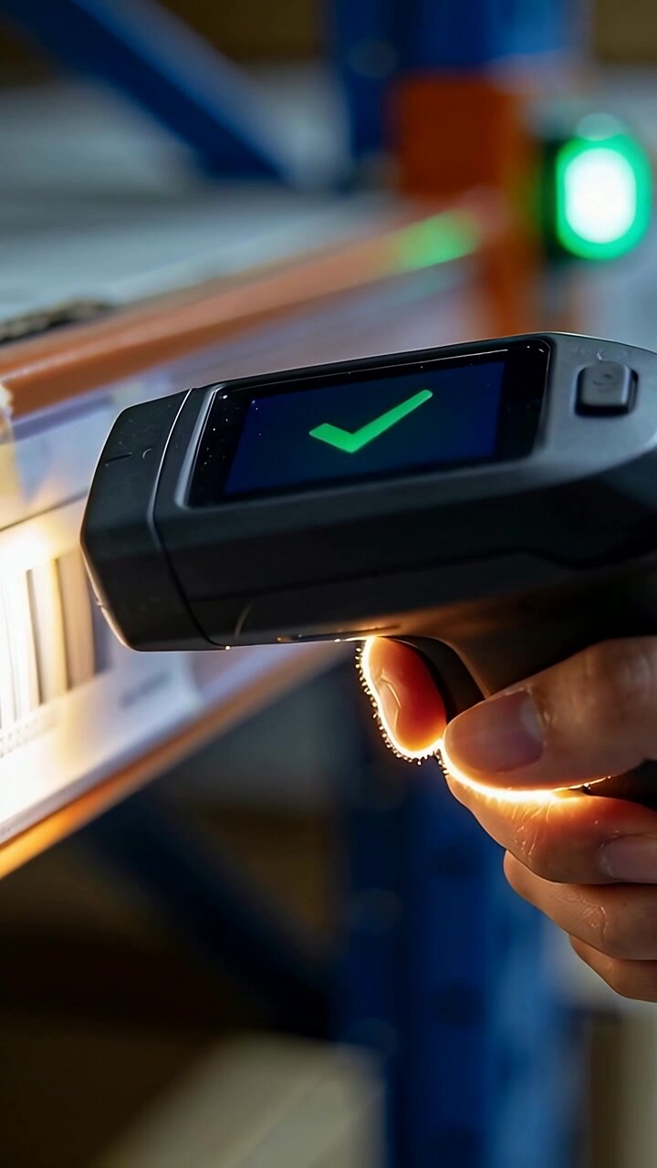Vertical video: Bringing scanner, hand scanning barcode at warehouse shelf, showing green check