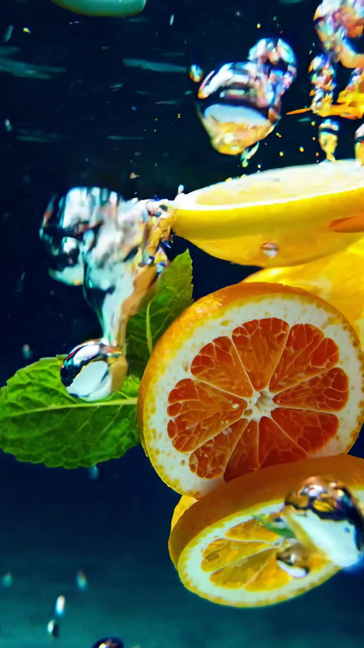 Close-up underwater video of citrus slices and mint leaves with bubbles, capturing freshness