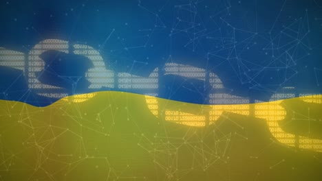 animation of block chain and technology over flag of ukraine