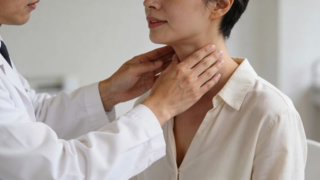 Male clinician reaching and placing hands on female patient's neck, palpating for medical diagnosis