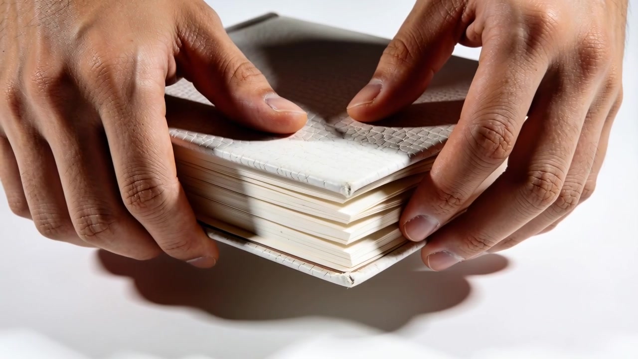 Pressing hands compressing spine of white hardcover book on tabletop, inspecting folded signatures