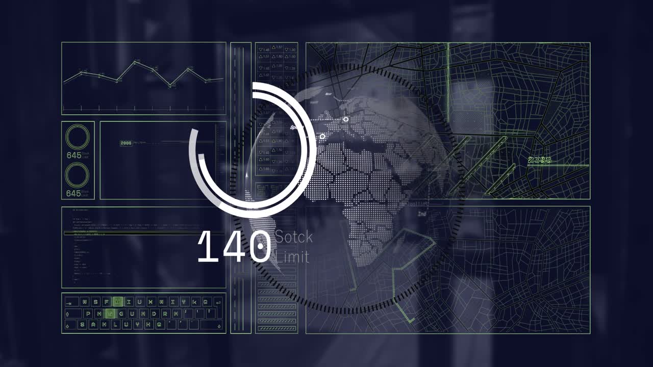 animación de globo, mapa digital, círculo, número, gráficos sobre la entrada de la cafetería