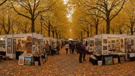 a vibrant autumn art exhibition under golden leaves: exploring artistic creations amidst a scenic tree-lined pathway abundant with fall foliage