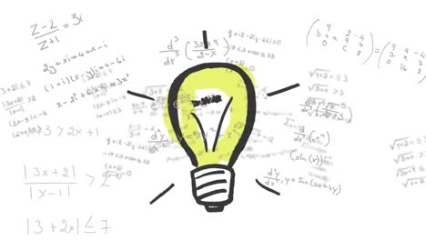 animation of mathematical data processing over lightbulb on white background